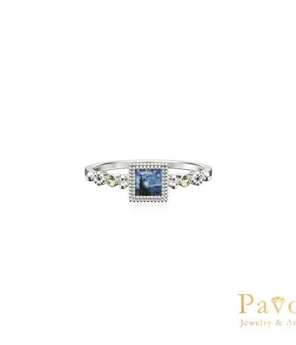 Van Gogh's Starry Night Square Frame Art Inlay Ring