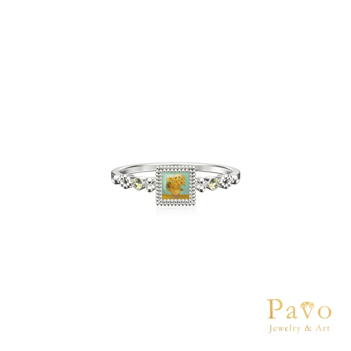 Van Gogh's Sunflowers Square Frame Art Inlay Ring